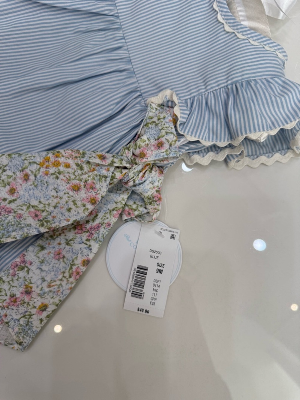 Edgehill Collection Blue Stripe Dress with Floral Ruffle Bows - Picture 3 of 4